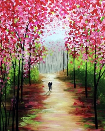 erdei séta rózsaszín levelű fák között