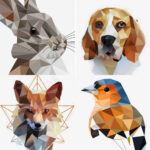 a kép egy montázs állatokról geometrikus festés stílusban, kutya, róka, madár
