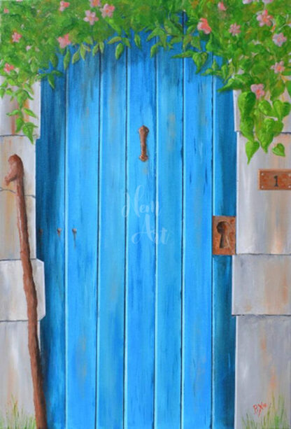 a kép egy kék színű fa ajtót mutat