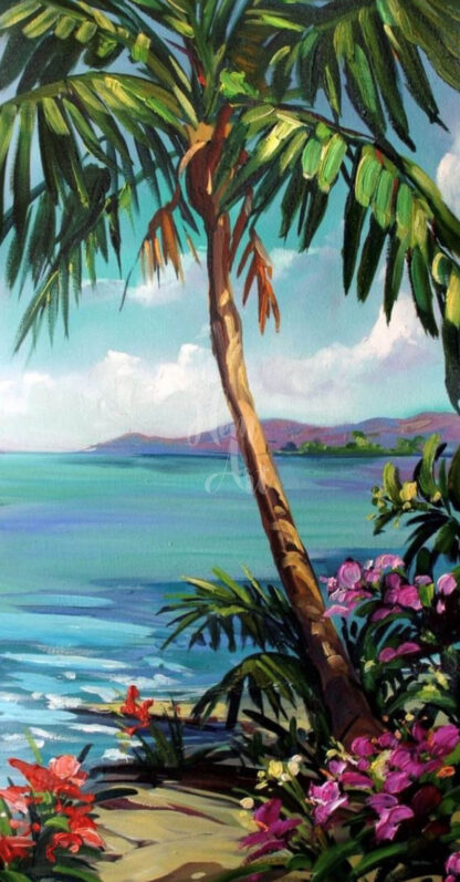 a fénykép egy tengerparti festményt mutat pálmafával