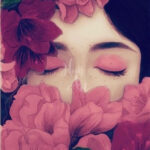 a kép tartalma: női arc, rózsaszín virágok, szemek
