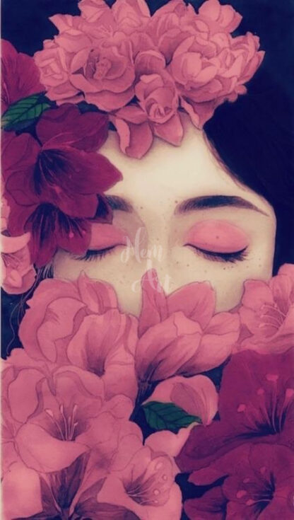 a kép tartalma: női arc, rózsaszín virágok, szemek