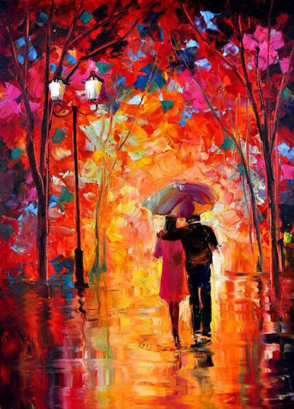 a kép tartalma: szerelmes pár, esernyő, fák, őszi színek, sétány