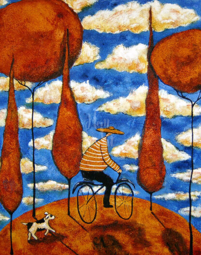a kép tartalma: ember, kerékpár, kutya, fák, felhők