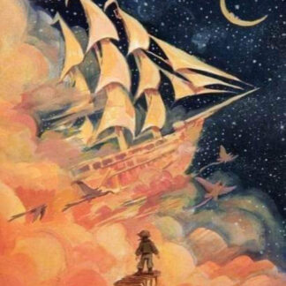 absztrakt festmény vitorlás hajóval, csillagos égbolttal és felhőkkel