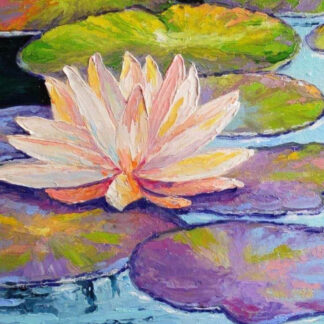 festmény narancsos és rózsaszínű tavirózsával kéken csillogó vízben