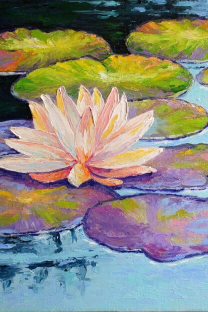 festmény narancsos és rózsaszínű tavirózsával kéken csillogó vízben