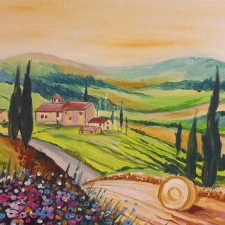 a kép tipikus toszkán látképet tartalmaz, dimbes dombos zöld tájkép fákkal és virágokkal