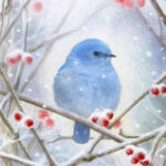 téli táj egy ágon ülő kék madárra